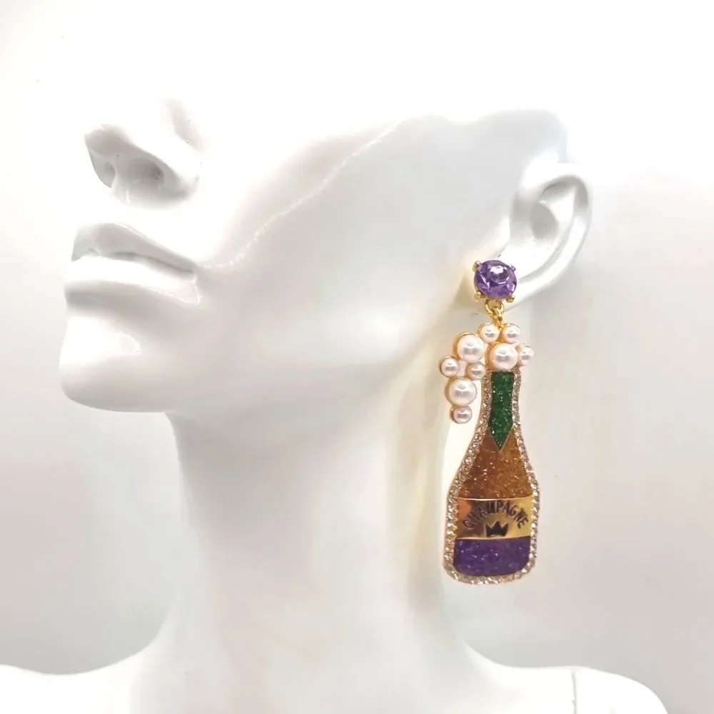 Mardi Gras Chamagne cocktail earrings Rhinestone Pearls |  NEW